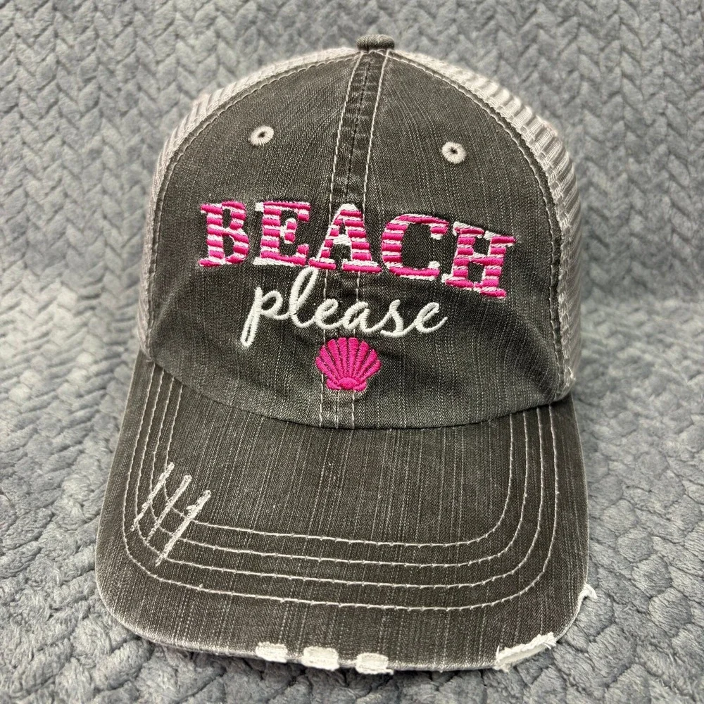 HG Trucker Hat Beach Please Womens OSFM Charcoal Grey Pink Distressed Mesh Cap
